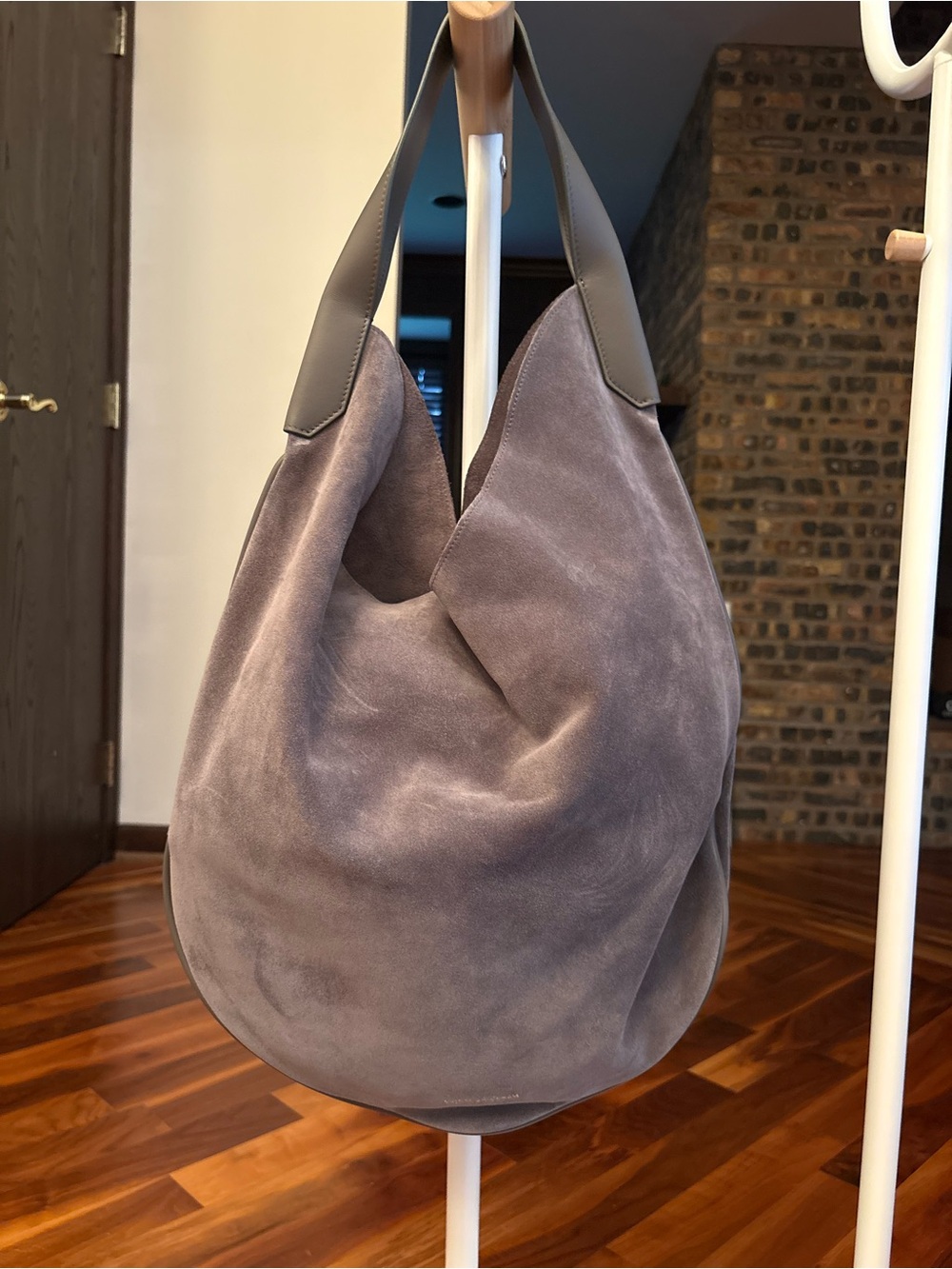 Victoria Beckham Suede Hobo Bag in Gray with Gold Logo